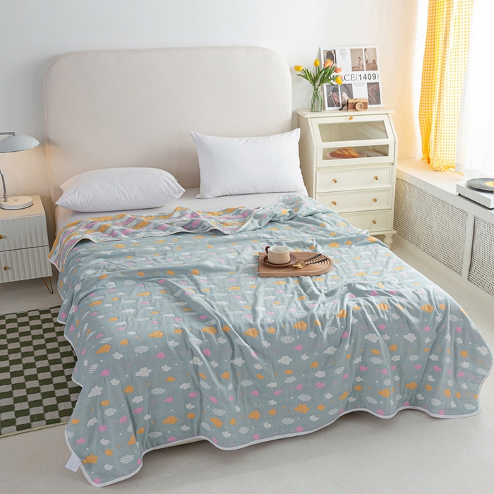 91家纺网 家纺一手货源 找家纺 乐家2023新款A类六层纱全棉纱布毯毛巾被 彩云豆青