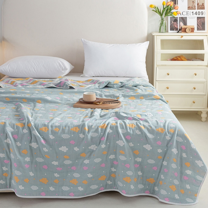 91家纺网 家纺一手货源 找家纺 乐家2023新款A类六层纱全棉纱布毯毛巾被 彩云豆青