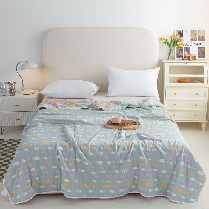 91家纺网 家纺一手货源 找家纺 乐家2023新款A类六层纱全棉纱布毯毛巾被 彩云豆青