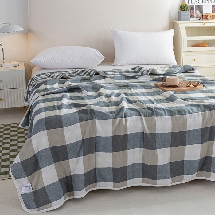 91家纺网 家纺一手货源 找家纺 乐家2023新款A类六层纱全棉纱布毯毛巾被 复古格蓝色