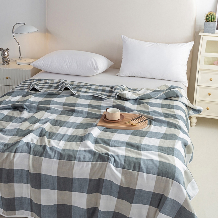 91家纺网 家纺一手货源 找家纺 乐家2023新款A类六层纱全棉纱布毯毛巾被 复古格蓝色