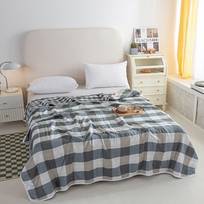 91家纺网 家纺一手货源 找家纺 乐家2023新款A类六层纱全棉纱布毯毛巾被 复古格蓝色