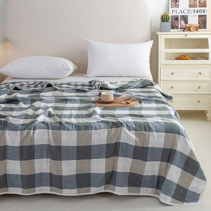 91家纺网 家纺一手货源 找家纺 乐家2023新款A类六层纱全棉纱布毯毛巾被 复古格蓝色