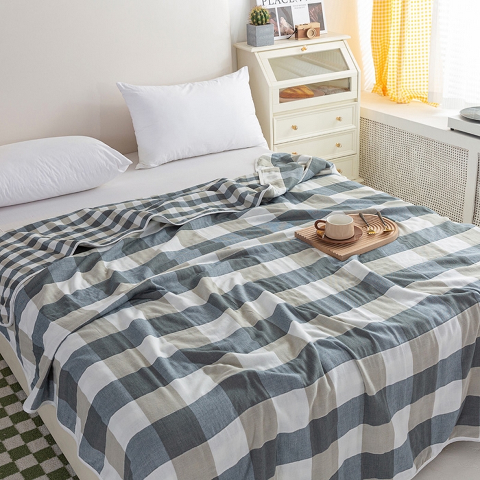 91家纺网 家纺一手货源 找家纺 乐家2023新款A类六层纱全棉纱布毯毛巾被 复古格蓝色