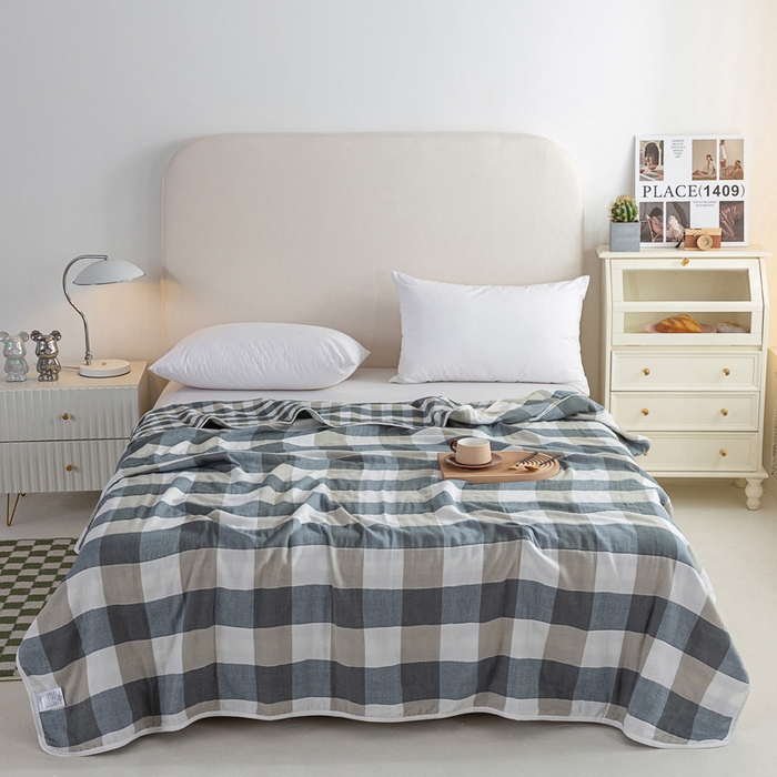 91家纺网 家纺一手货源 找家纺 乐家2023新款A类六层纱全棉纱布毯毛巾被 复古格蓝色