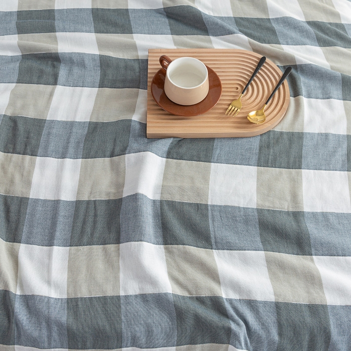 91家纺网 家纺一手货源 找家纺 乐家2023新款A类六层纱全棉纱布毯毛巾被 复古格蓝色