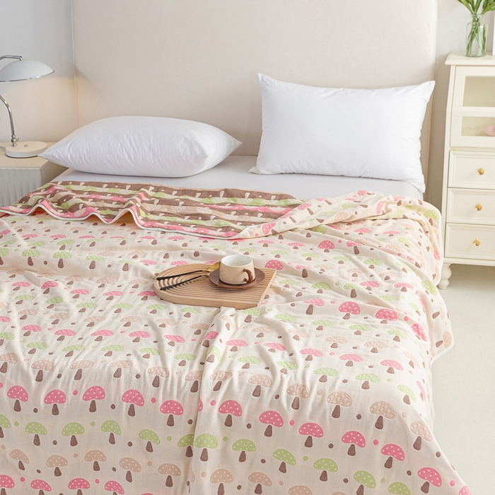 91家纺网 家纺一手货源 找家纺 乐家2023新款A类六层纱全棉纱布毯毛巾被 蘑菇