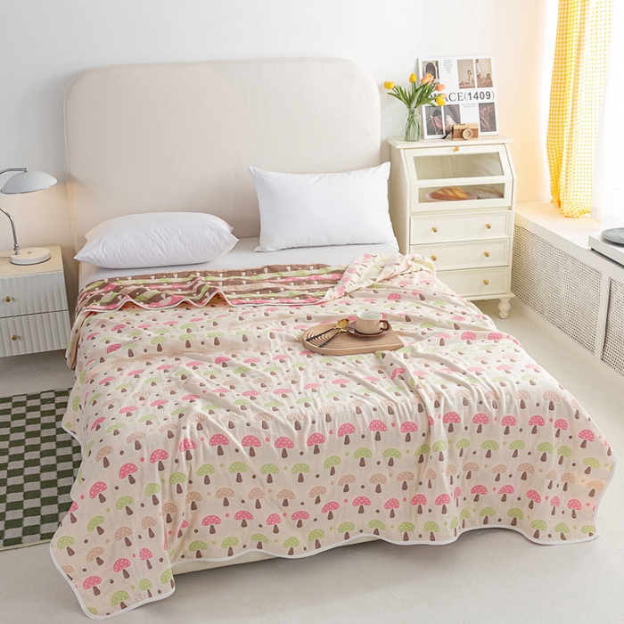 91家纺网 家纺一手货源 找家纺 乐家2023新款A类六层纱全棉纱布毯毛巾被 蘑菇