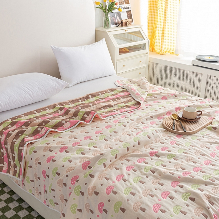 91家纺网 家纺一手货源 找家纺 乐家2023新款A类六层纱全棉纱布毯毛巾被 蘑菇