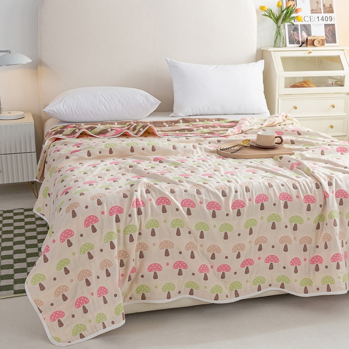 91家纺网 家纺一手货源 找家纺 乐家2023新款A类六层纱全棉纱布毯毛巾被 蘑菇