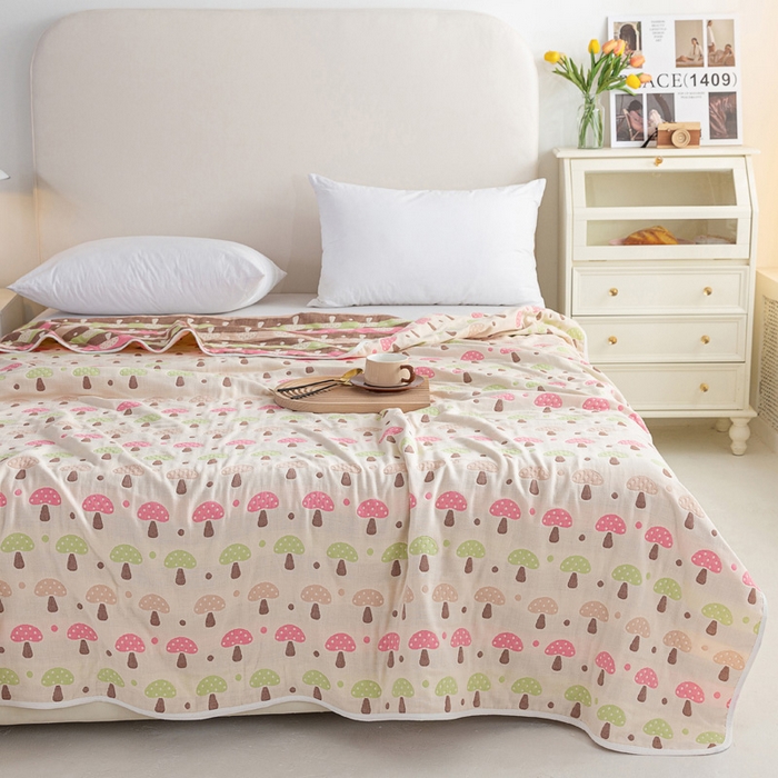 91家纺网 家纺一手货源 找家纺 乐家2023新款A类六层纱全棉纱布毯毛巾被 蘑菇