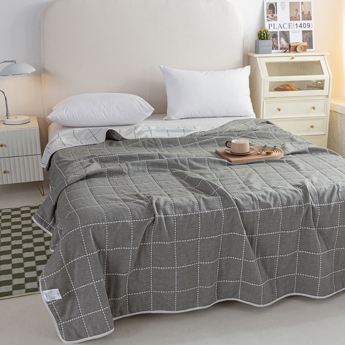 91家纺网 家纺一手货源 找家纺 乐家2023新款A类六层纱全棉纱布毯毛巾被 虚线格灰