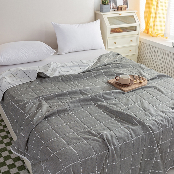 91家纺网 家纺一手货源 找家纺 乐家2023新款A类六层纱全棉纱布毯毛巾被 虚线格灰