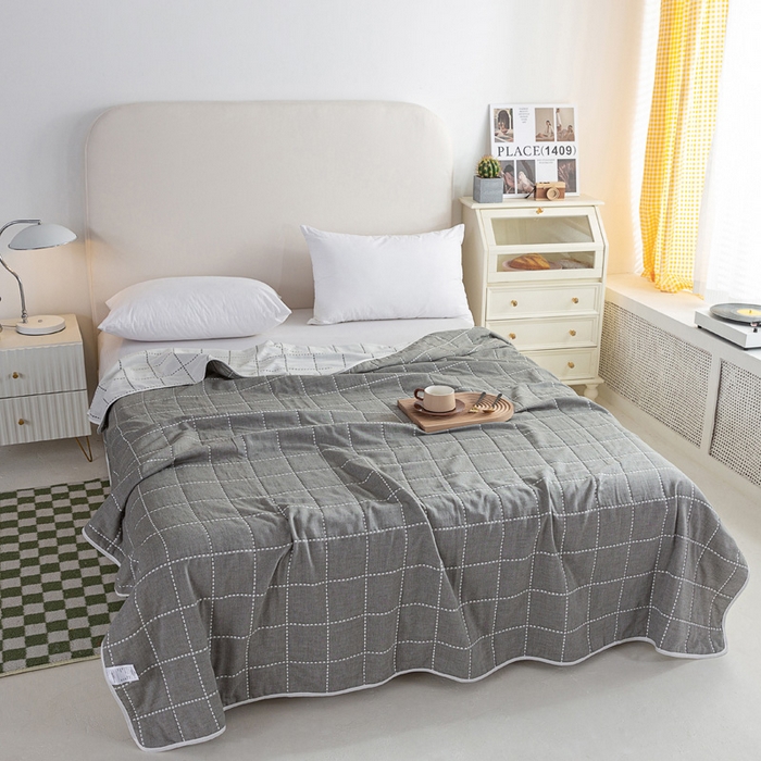 91家纺网 家纺一手货源 找家纺 乐家2023新款A类六层纱全棉纱布毯毛巾被 虚线格灰