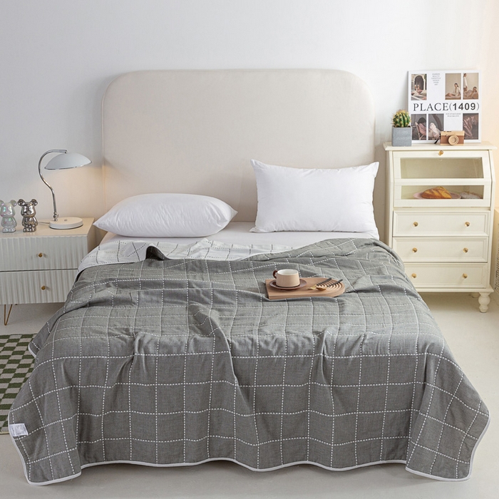 91家纺网 家纺一手货源 找家纺 乐家2023新款A类六层纱全棉纱布毯毛巾被 虚线格灰