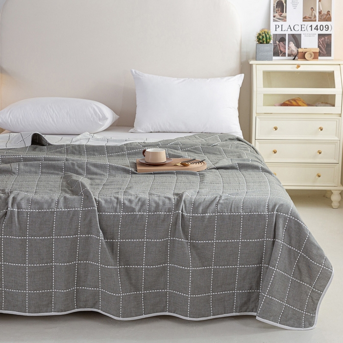 91家纺网 家纺一手货源 找家纺 乐家2023新款A类六层纱全棉纱布毯毛巾被 虚线格灰