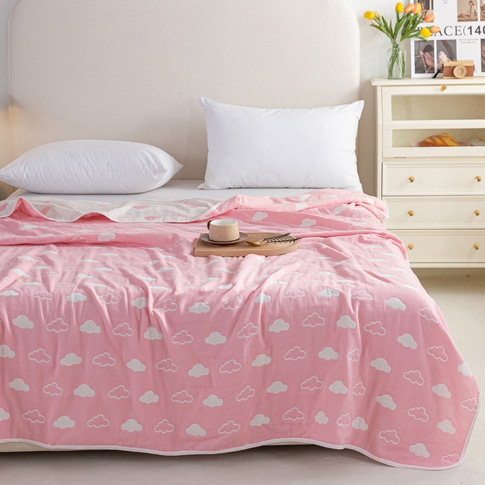 91家纺网 家纺一手货源 找家纺 乐家2023新款A类六层纱全棉纱布毯毛巾被 云朵粉