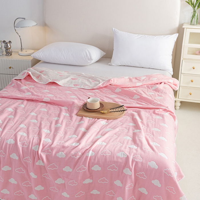 91家纺网 家纺一手货源 找家纺 乐家2023新款A类六层纱全棉纱布毯毛巾被 云朵粉