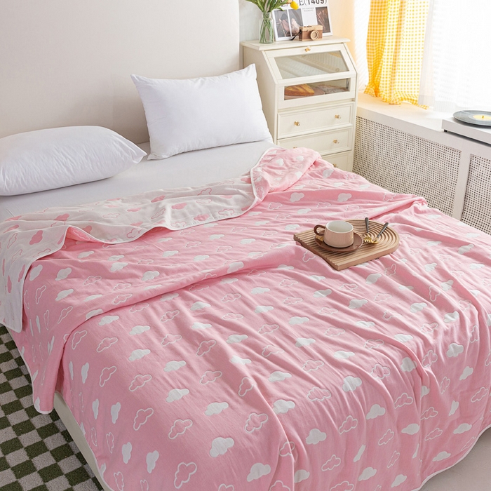 91家纺网 家纺一手货源 找家纺 乐家2023新款A类六层纱全棉纱布毯毛巾被 云朵粉