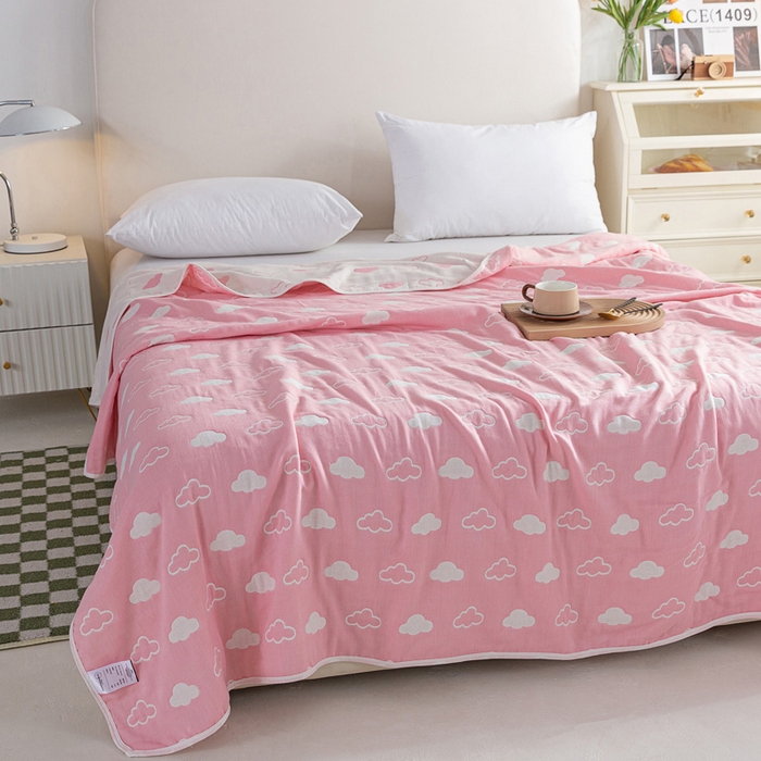 91家纺网 家纺一手货源 找家纺 乐家2023新款A类六层纱全棉纱布毯毛巾被 云朵粉