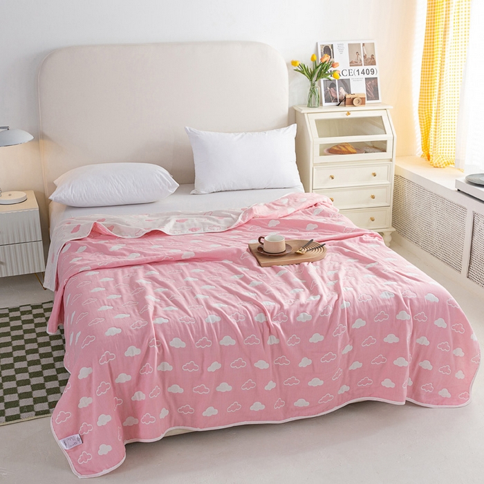 91家纺网 家纺一手货源 找家纺 乐家2023新款A类六层纱全棉纱布毯毛巾被 云朵粉