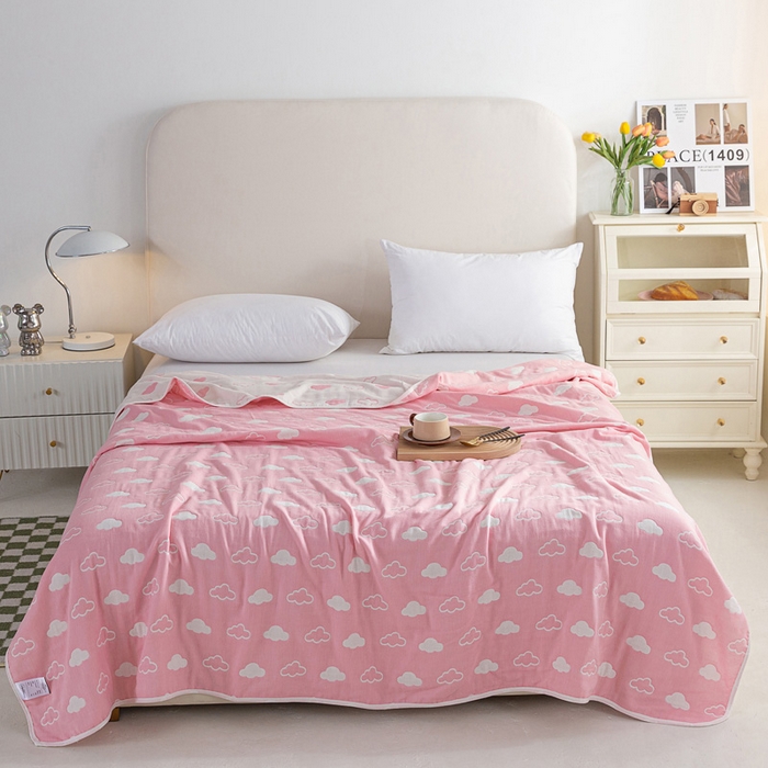 91家纺网 家纺一手货源 找家纺 乐家2023新款A类六层纱全棉纱布毯毛巾被 云朵粉