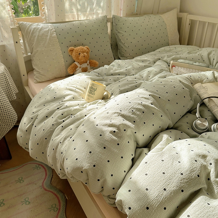 91家纺网 家纺一手货源 找家纺 沐芷 2025 蕾丝花边A类木棉双层纱四件套公主风床单被套宿舍三件套少女心 宽花边-点点蓝波