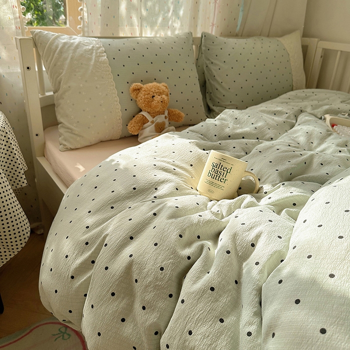 91家纺网 家纺一手货源 找家纺 沐芷 2025 蕾丝花边A类木棉双层纱四件套公主风床单被套宿舍三件套少女心 宽花边-点点蓝波