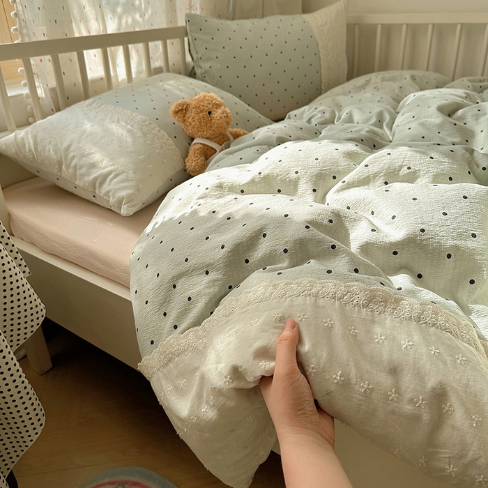 91家纺网 家纺一手货源 找家纺 沐芷 2025 蕾丝花边A类木棉双层纱四件套公主风床单被套宿舍三件套少女心 宽花边-点点蓝波