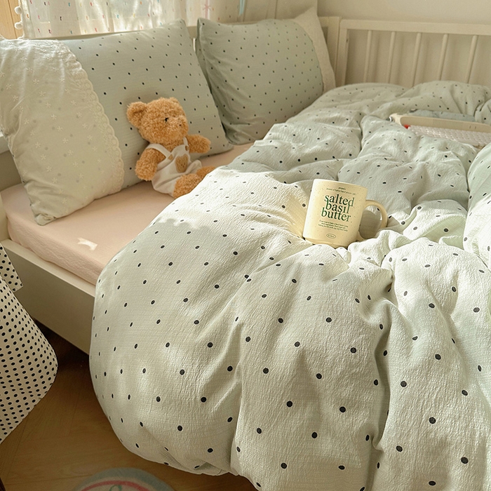 91家纺网 家纺一手货源 找家纺 沐芷 2025 蕾丝花边A类木棉双层纱四件套公主风床单被套宿舍三件套少女心 宽花边-点点蓝波