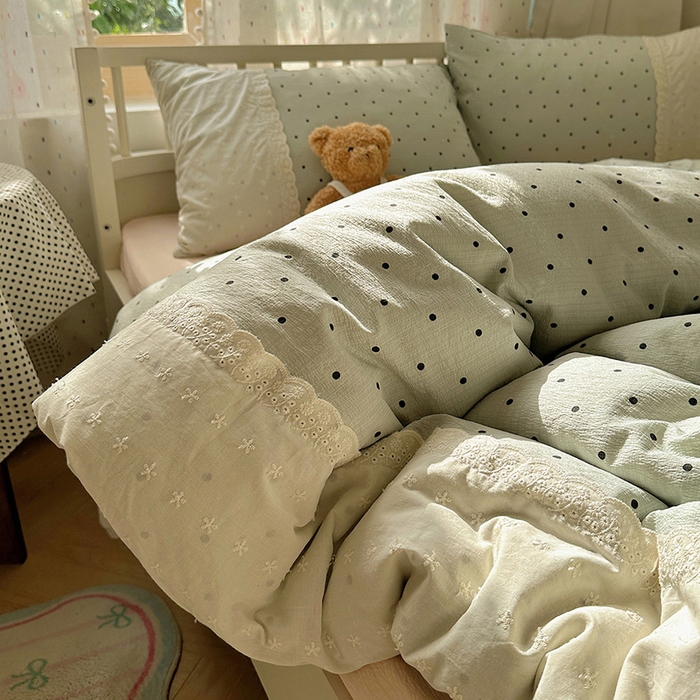 91家纺网 家纺一手货源 找家纺 沐芷 2025 蕾丝花边A类木棉双层纱四件套公主风床单被套宿舍三件套少女心 宽花边-点点蓝波