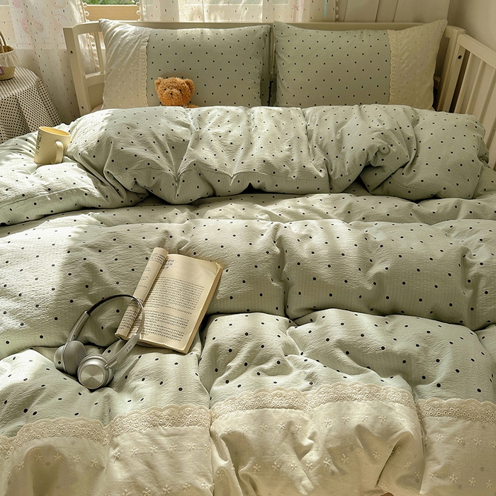 91家纺网 家纺一手货源 找家纺 沐芷 2025 蕾丝花边A类木棉双层纱四件套公主风床单被套宿舍三件套少女心 宽花边-点点蓝波