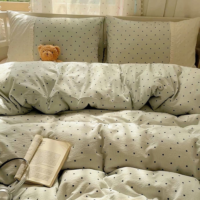 91家纺网 家纺一手货源 找家纺 沐芷 2025 蕾丝花边A类木棉双层纱四件套公主风床单被套宿舍三件套少女心 宽花边-点点蓝波