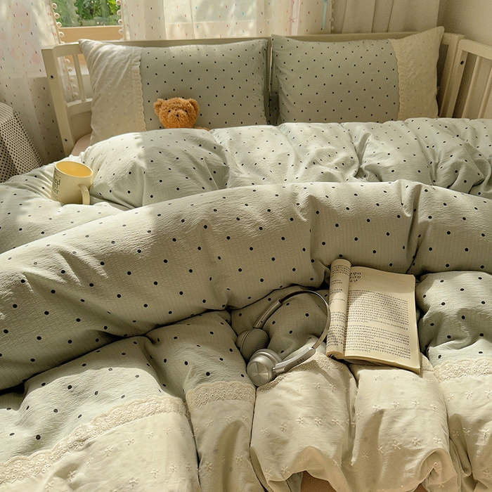 91家纺网 家纺一手货源 找家纺 沐芷 2025 蕾丝花边A类木棉双层纱四件套公主风床单被套宿舍三件套少女心 宽花边-点点蓝波