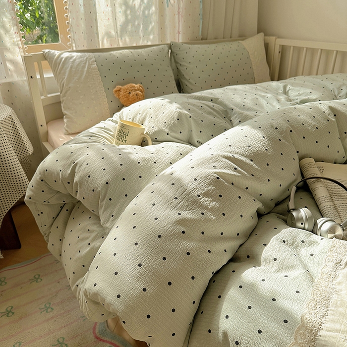 91家纺网 家纺一手货源 找家纺 沐芷 2025 蕾丝花边A类木棉双层纱四件套公主风床单被套宿舍三件套少女心 宽花边-点点蓝波