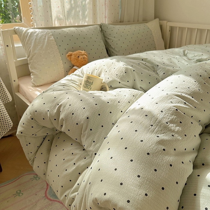 91家纺网 家纺一手货源 找家纺 沐芷 2025 蕾丝花边A类木棉双层纱四件套公主风床单被套宿舍三件套少女心 宽花边-点点蓝波