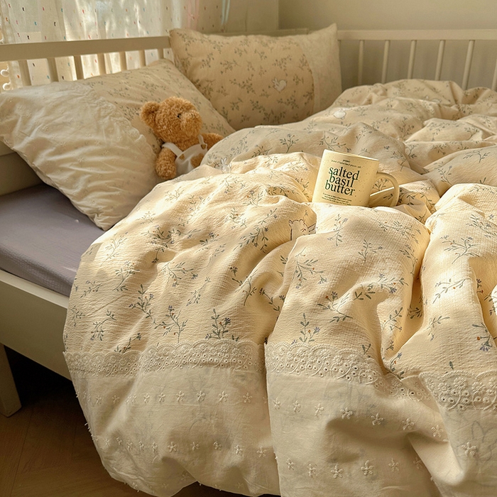 沐芷 2025 蕾丝花边A类木棉双层纱四件套公主风床单被套宿舍三件套少女心 宽花边-花园小兔