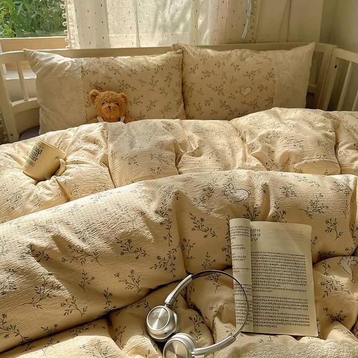 91家纺网 家纺一手货源 找家纺 沐芷 2025 蕾丝花边A类木棉双层纱四件套公主风床单被套宿舍三件套少女心 宽花边-花园小兔