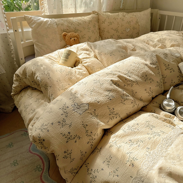 91家纺网 家纺一手货源 找家纺 沐芷 2025 蕾丝花边A类木棉双层纱四件套公主风床单被套宿舍三件套少女心 宽花边-花园小兔