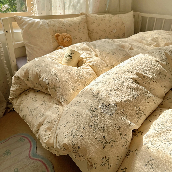 91家纺网 家纺一手货源 找家纺 沐芷 2025 蕾丝花边A类木棉双层纱四件套公主风床单被套宿舍三件套少女心 宽花边-花园小兔