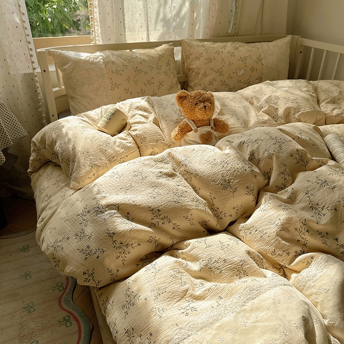 91家纺网 家纺一手货源 找家纺 沐芷 2025 蕾丝花边A类木棉双层纱四件套公主风床单被套宿舍三件套少女心 宽花边-花园小兔