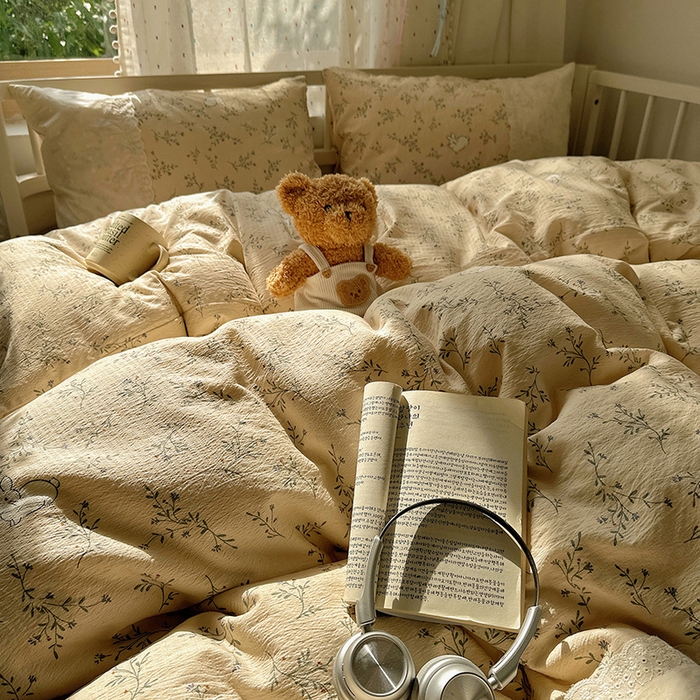 91家纺网 家纺一手货源 找家纺 沐芷 2025 蕾丝花边A类木棉双层纱四件套公主风床单被套宿舍三件套少女心 宽花边-花园小兔