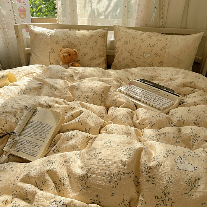 91家纺网 家纺一手货源 找家纺 沐芷 2025 蕾丝花边A类木棉双层纱四件套公主风床单被套宿舍三件套少女心 宽花边-花园小兔