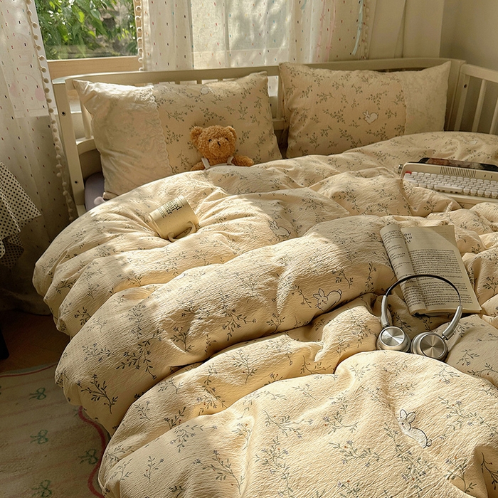 91家纺网 家纺一手货源 找家纺 沐芷 2025 蕾丝花边A类木棉双层纱四件套公主风床单被套宿舍三件套少女心 宽花边-花园小兔