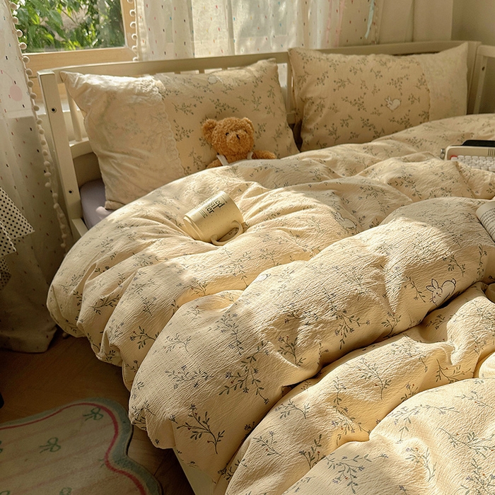 91家纺网 家纺一手货源 找家纺 沐芷 2025 蕾丝花边A类木棉双层纱四件套公主风床单被套宿舍三件套少女心 宽花边-花园小兔