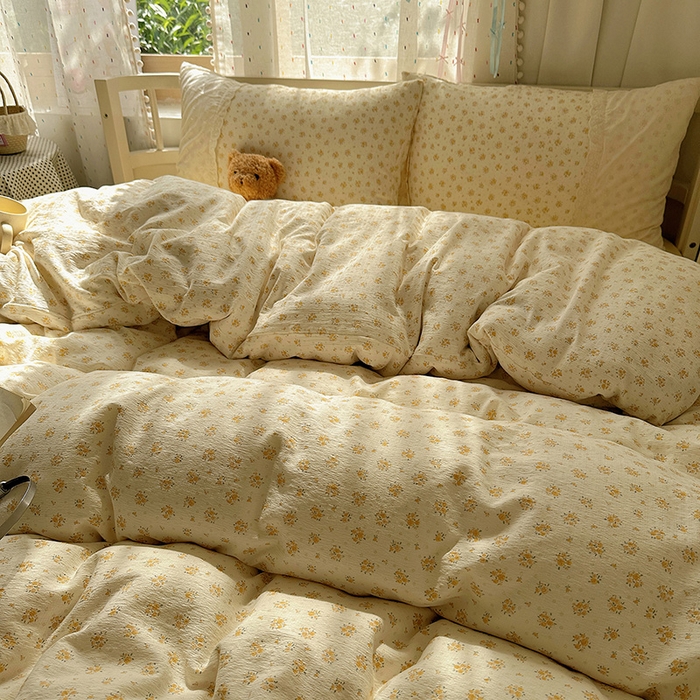 91家纺网 家纺一手货源 找家纺 沐芷 2025 蕾丝花边A类木棉双层纱四件套公主风床单被套宿舍三件套少女心 宽花边-蜜糖黄花