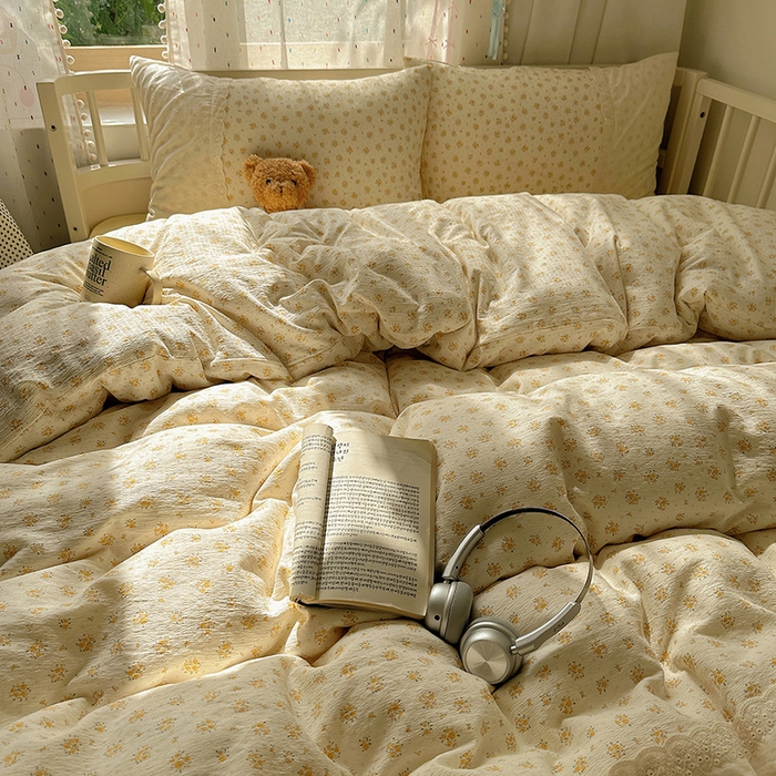 91家纺网 家纺一手货源 找家纺 沐芷 2025 蕾丝花边A类木棉双层纱四件套公主风床单被套宿舍三件套少女心 宽花边-蜜糖黄花