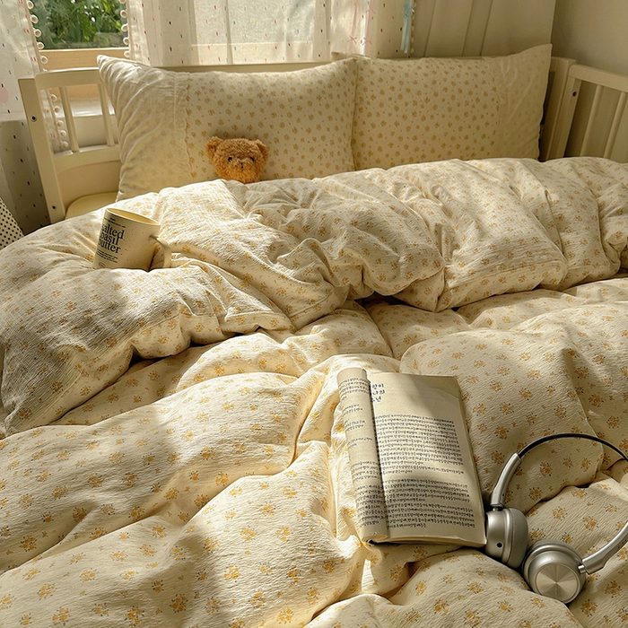 91家纺网 家纺一手货源 找家纺 沐芷 2025 蕾丝花边A类木棉双层纱四件套公主风床单被套宿舍三件套少女心 宽花边-蜜糖黄花