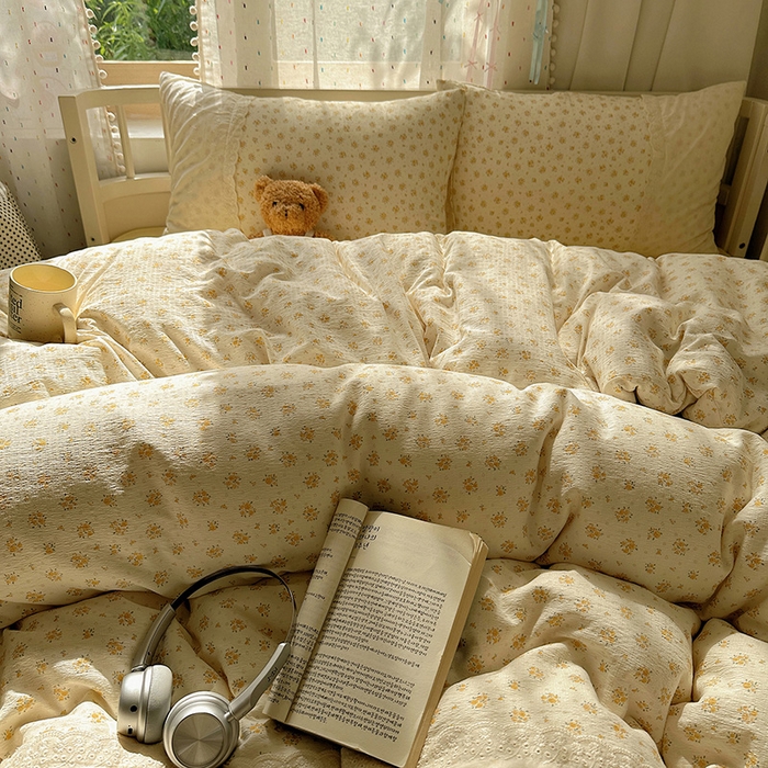 91家纺网 家纺一手货源 找家纺 沐芷 2025 蕾丝花边A类木棉双层纱四件套公主风床单被套宿舍三件套少女心 宽花边-蜜糖黄花