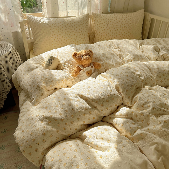 91家纺网 家纺一手货源 找家纺 沐芷 2025 蕾丝花边A类木棉双层纱四件套公主风床单被套宿舍三件套少女心 宽花边-蜜糖黄花